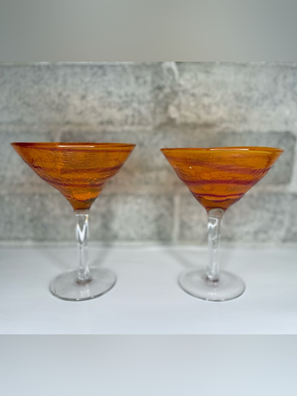 Hand Blown Art Glass Martini Glasses Set of 2 Amber Orange Red Swirl 7”